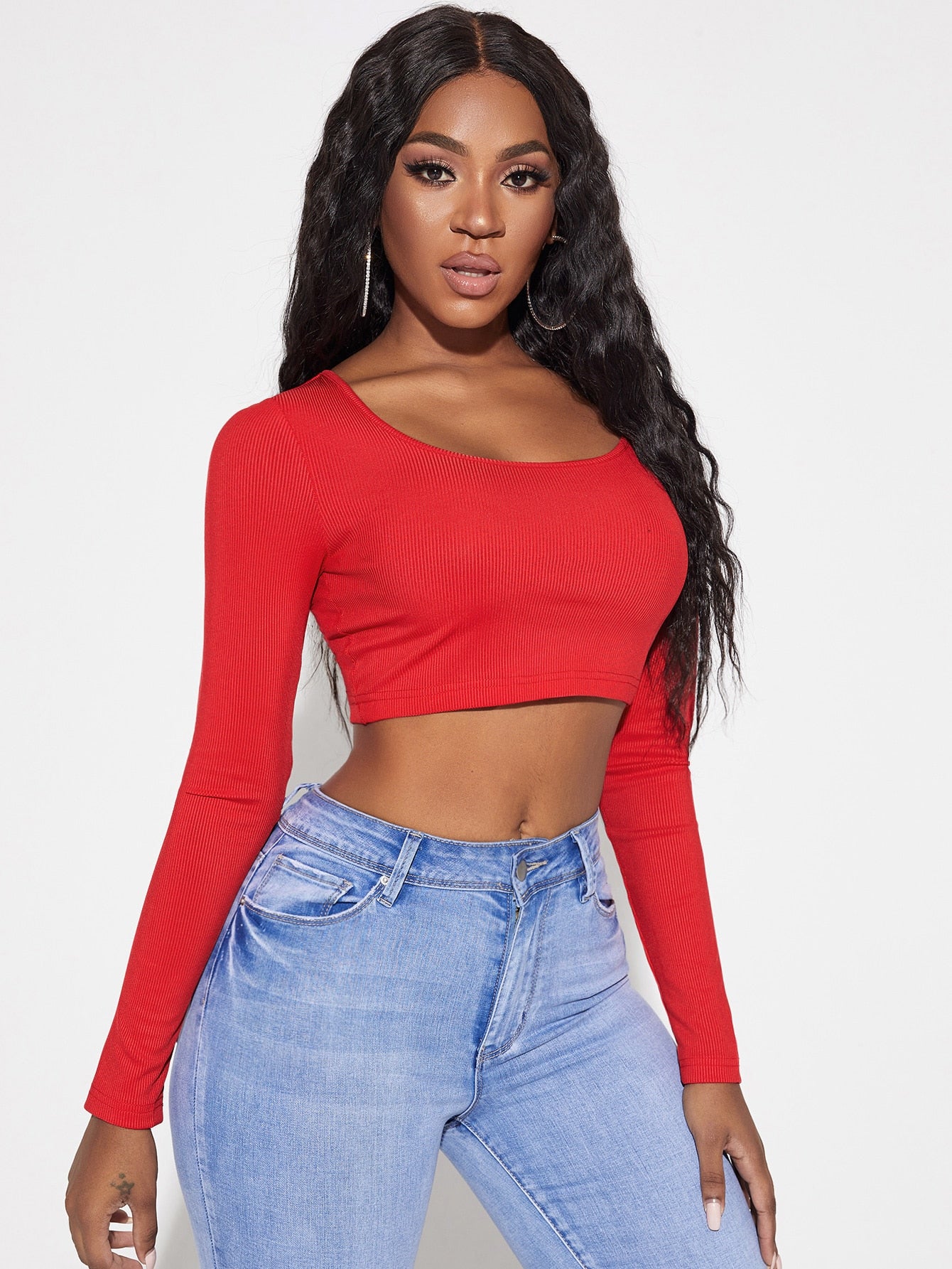 Red Scoop Neck Ribbed Knit Slim Fit Crop Top