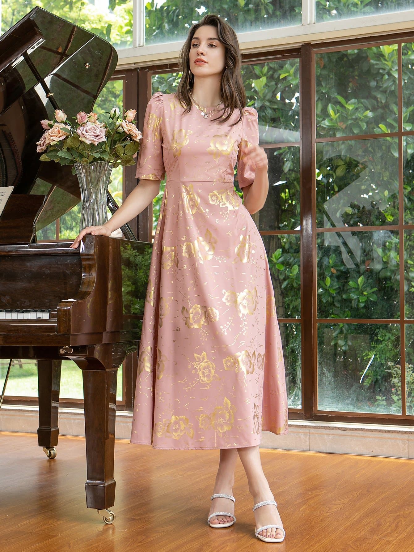 Pink Gilding Floral Print Puff Sleeve A-line Dress
