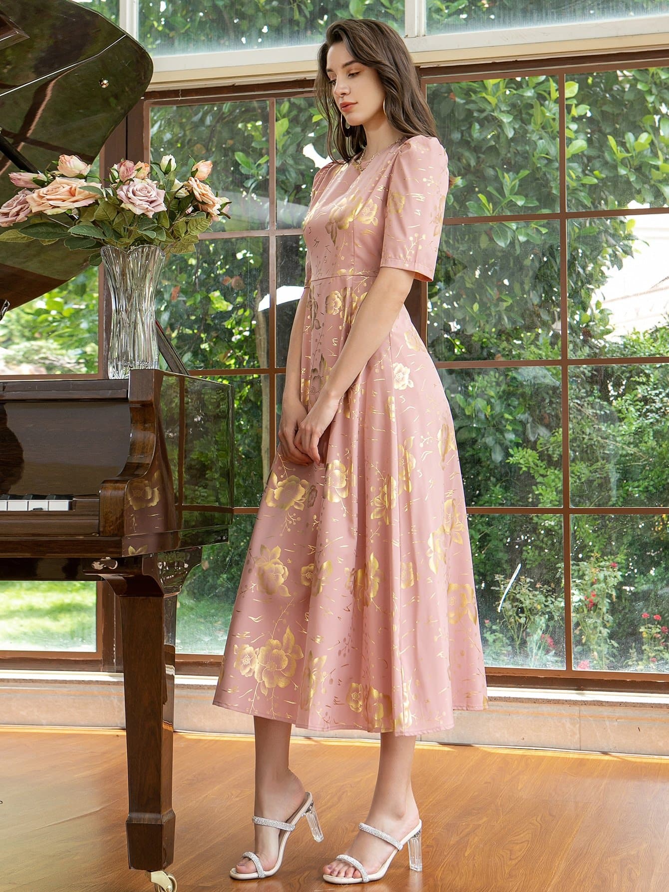 Pink Gilding Floral Print Puff Sleeve A-line Dress