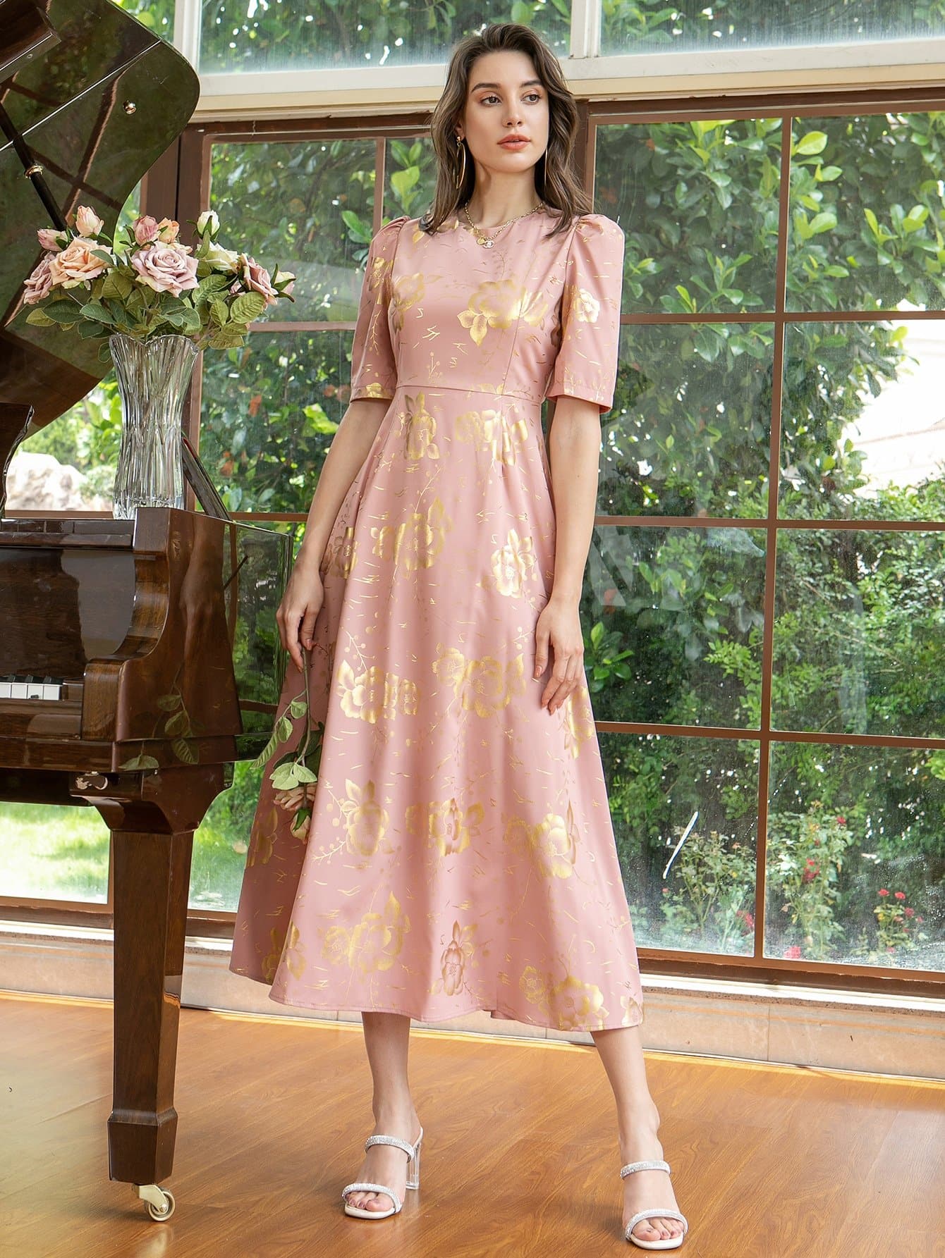 Pink Gilding Floral Print Puff Sleeve A-line Dress