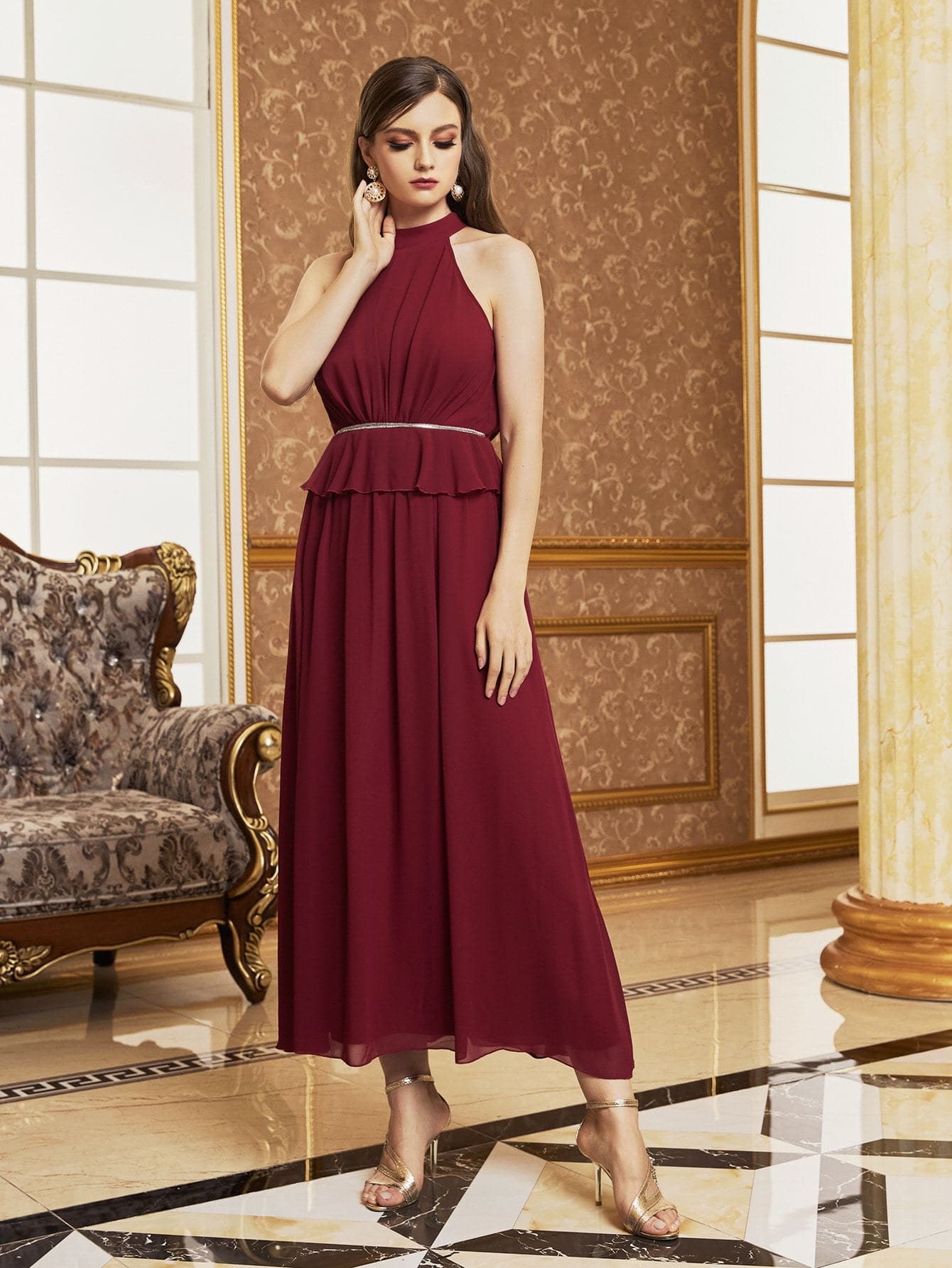 Burgundy Sleeveless Mock Neck Zip Back Chiffon High Waist Peplum Dress
