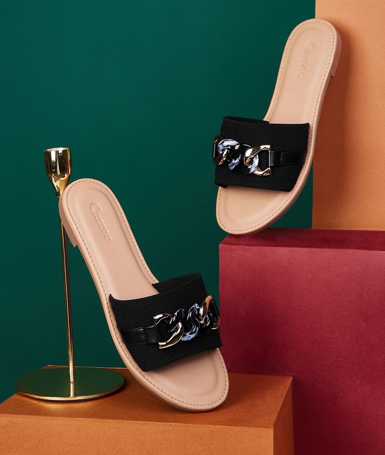 PU Leather Chain Decor Slide Sandals