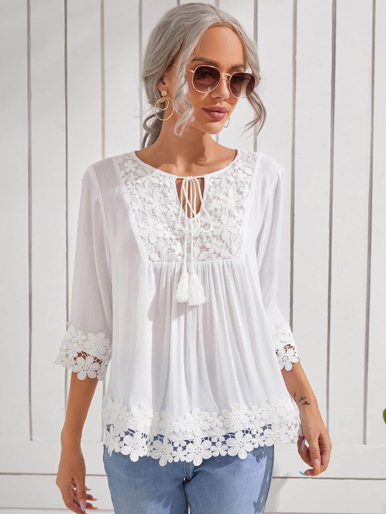 White Contrast Guipure Lace Tie Neck Tassel Blouse Top