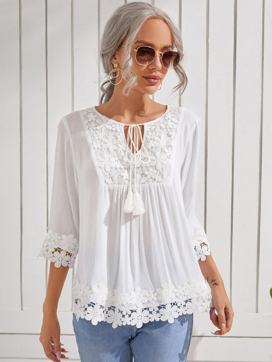 White Contrast Guipure Lace Tie Neck Tassel Blouse Top
