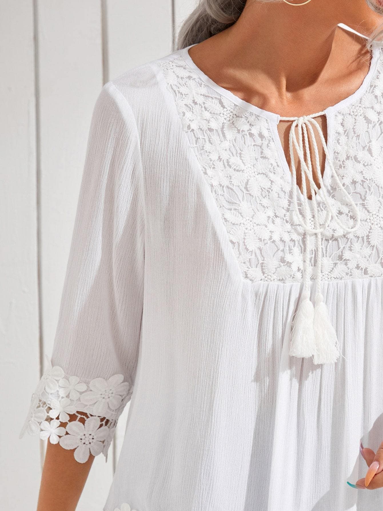 White Contrast Guipure Lace Tie Neck Tassel Blouse Top