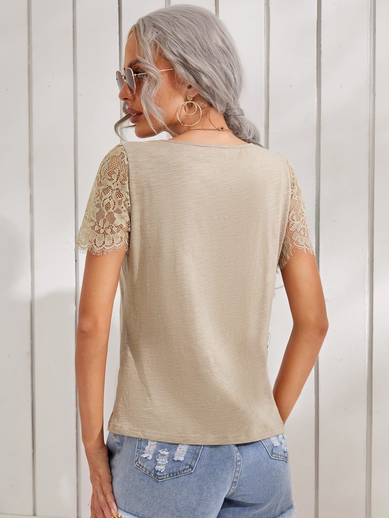 Scoop Neck Lace Sleeve Top