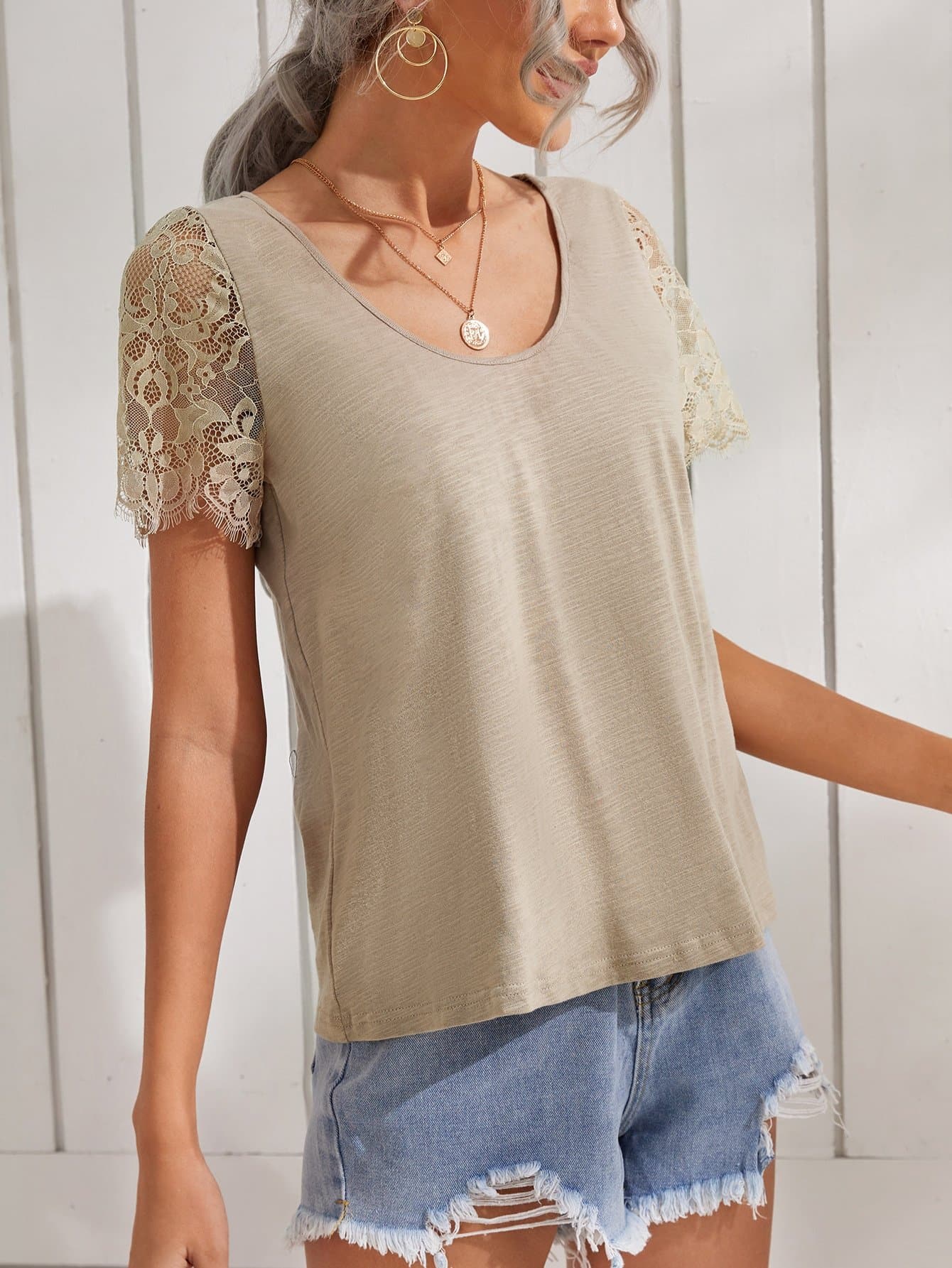 Scoop Neck Lace Sleeve Top