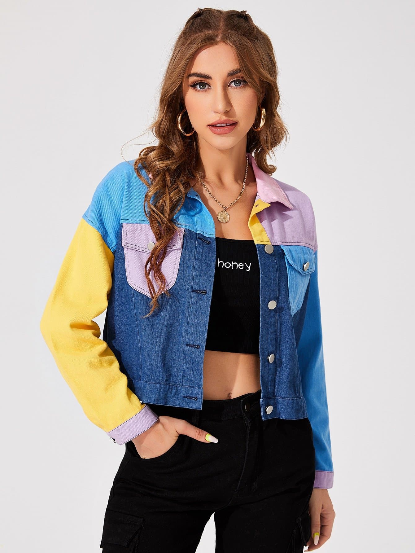 Single Breasted Colourblock Drop Shoulder Flap Pocket Button Front Jacket
