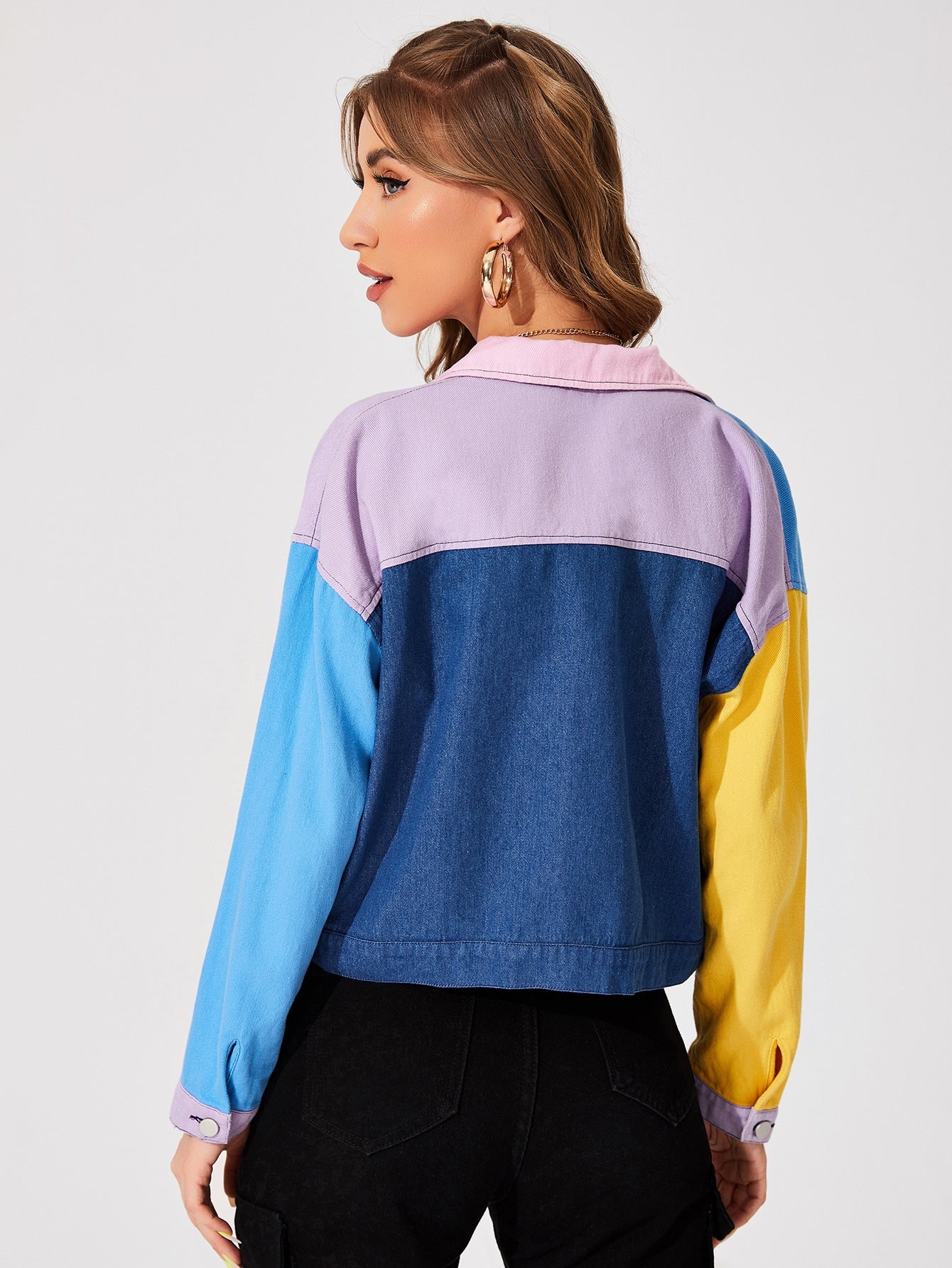 Single Breasted Colourblock Drop Shoulder Flap Pocket Button Front Jacket