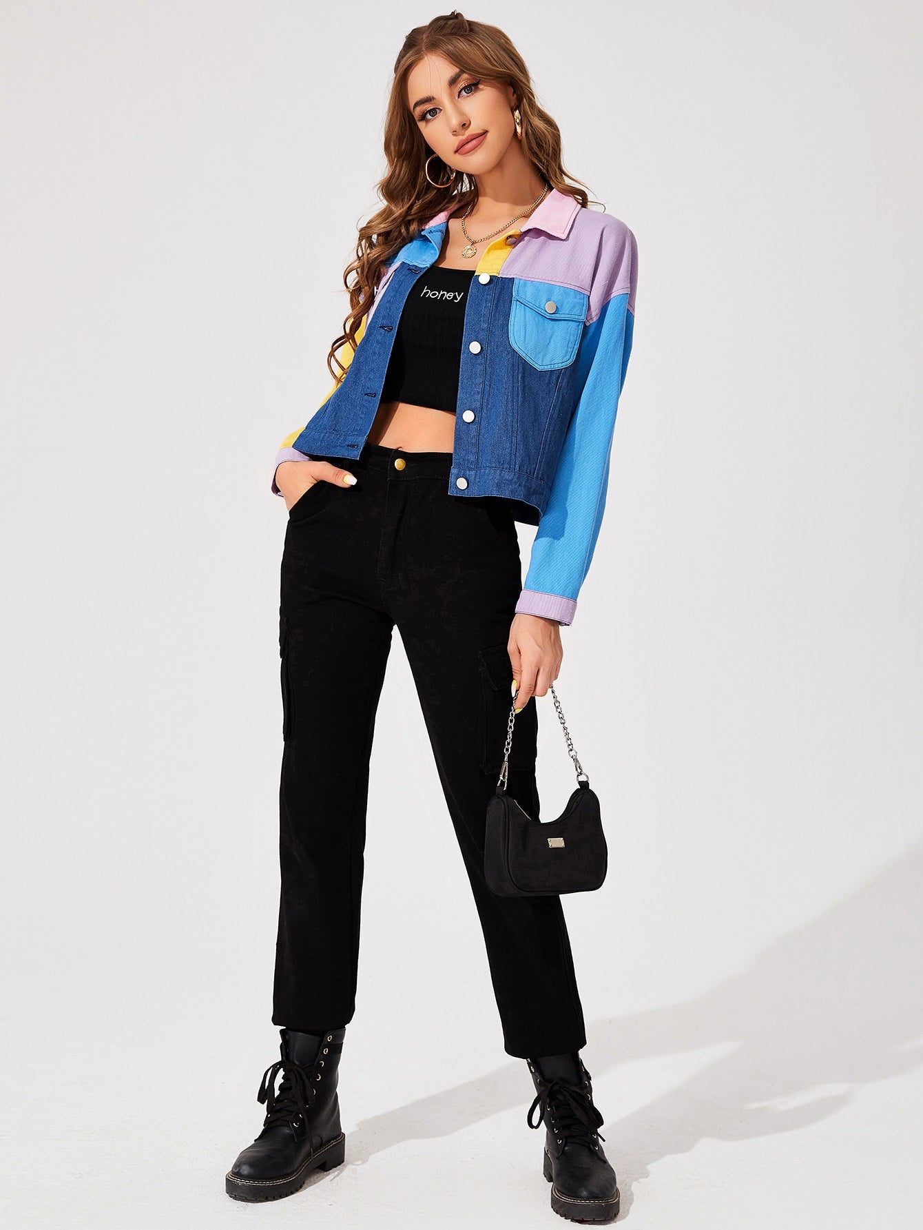 Single Breasted Colourblock Drop Shoulder Flap Pocket Button Front Jacket