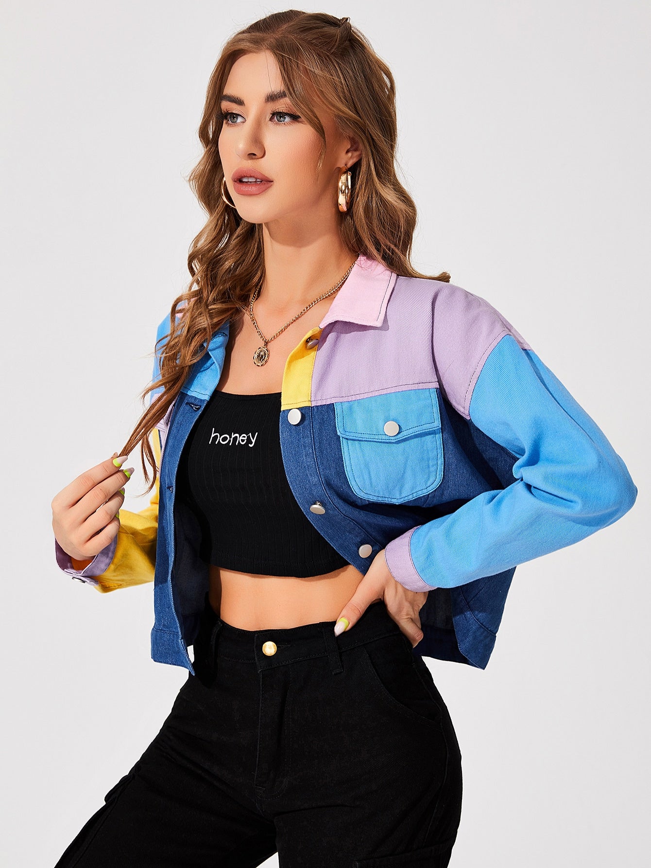 Single Breasted Colourblock Drop Shoulder Flap Pocket Button Front Jacket