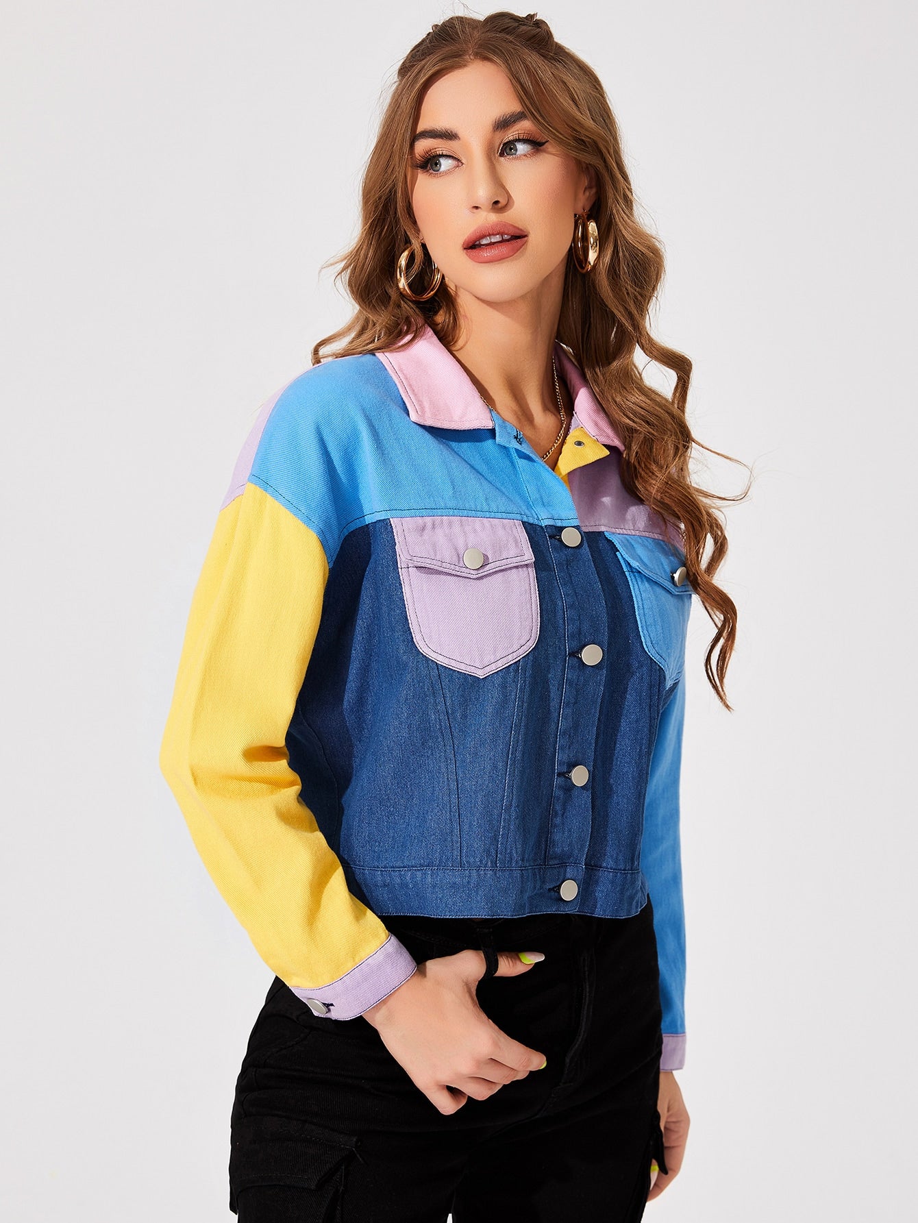 Single Breasted Colourblock Drop Shoulder Flap Pocket Button Front Jacket
