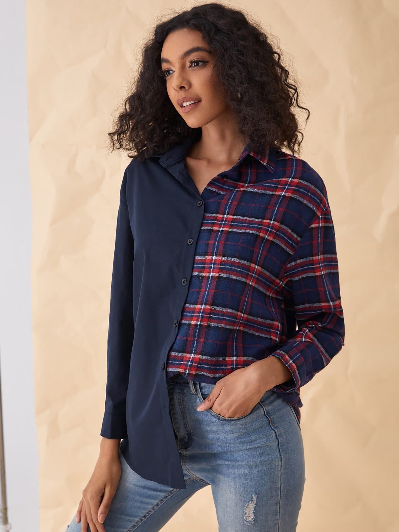 Drop Shoulder Plaid Panel Button Front Top Shirt