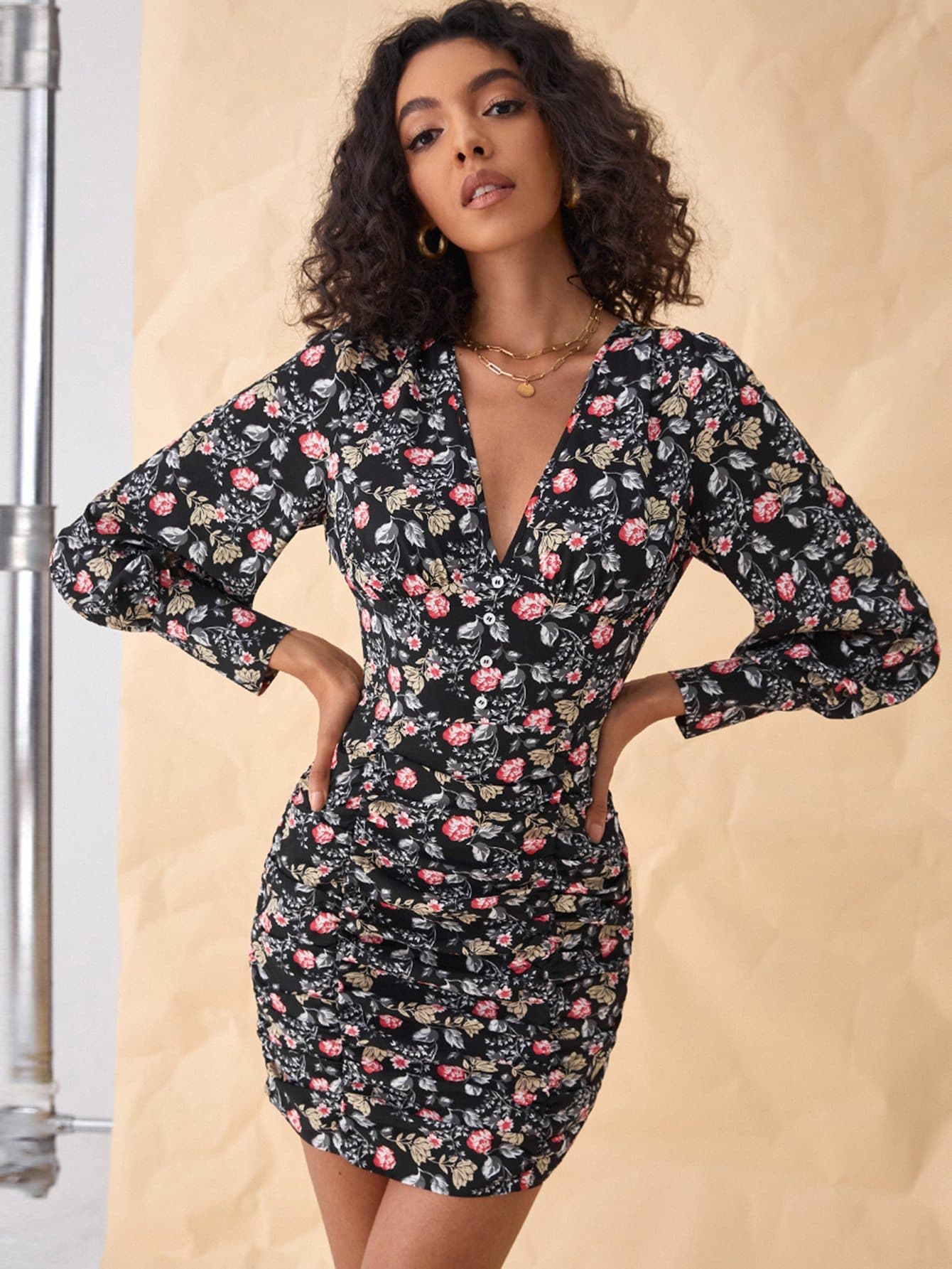 Floral Print V-Neck Half Button Ruched Slim Fit Short Dress