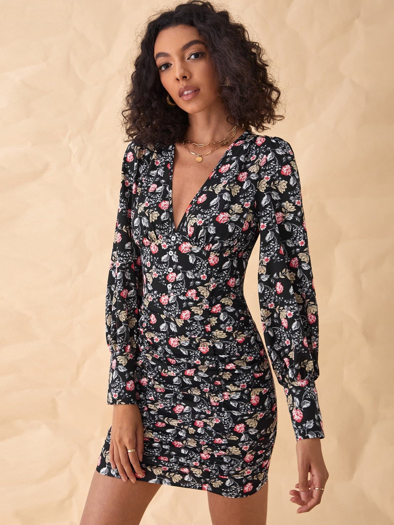 Floral Print V-Neck Half Button Ruched Slim Fit Short Dress