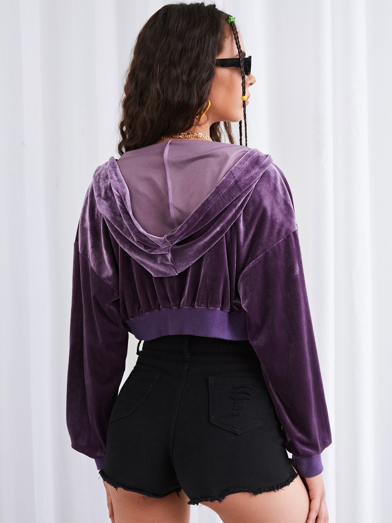 Violet Purple Drop Shoulder Zip Front Hooded Velvet Jacket