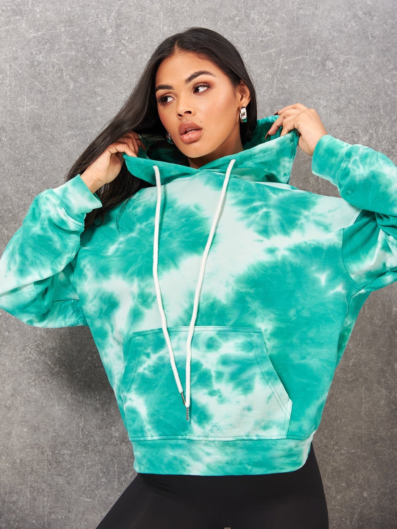 Green Oversized Tie Dye Drawstring Pocket Front Hoodie