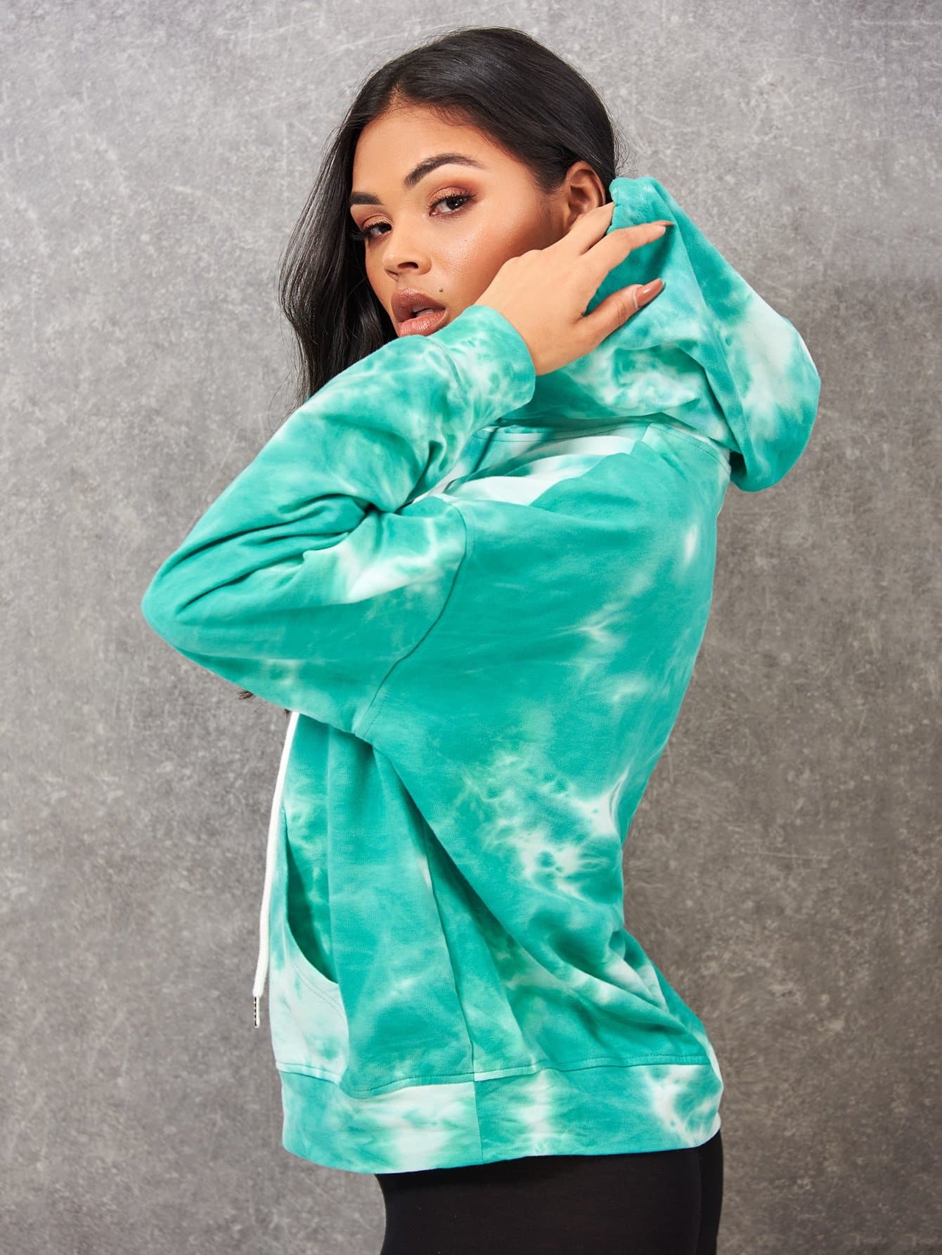 Green Oversized Tie Dye Drawstring Pocket Front Hoodie