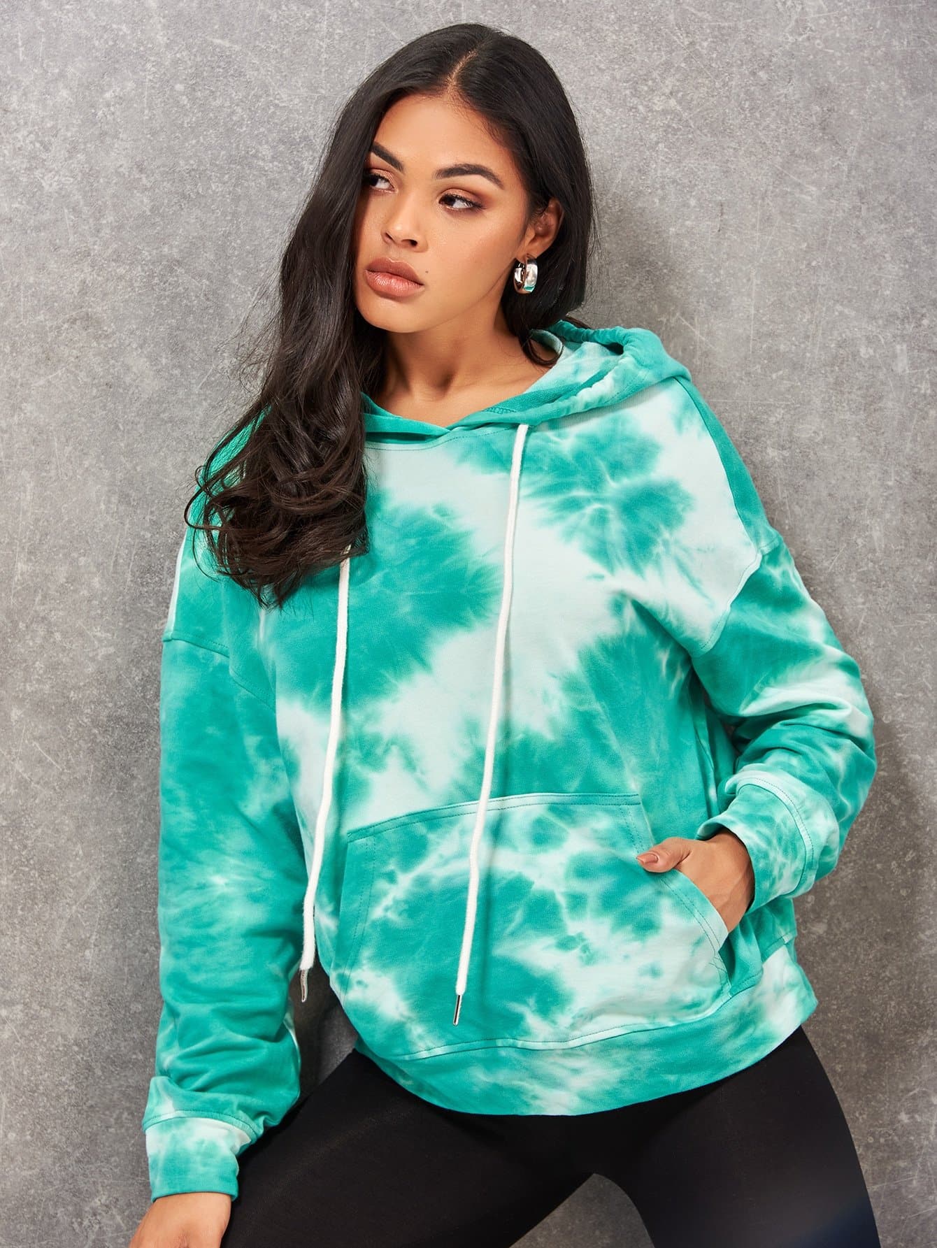 Green Oversized Tie Dye Drawstring Pocket Front Hoodie