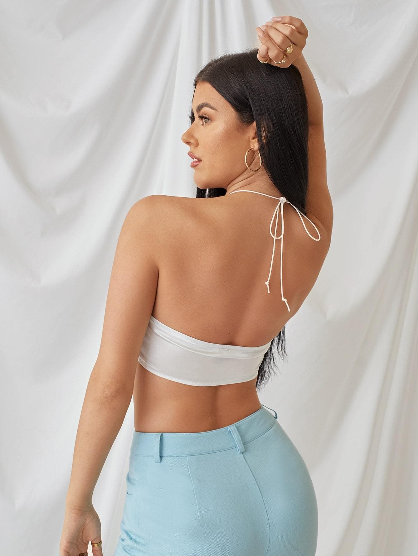 Beige Sleeveless Ruched Crisscross Slim Fit Halter Top