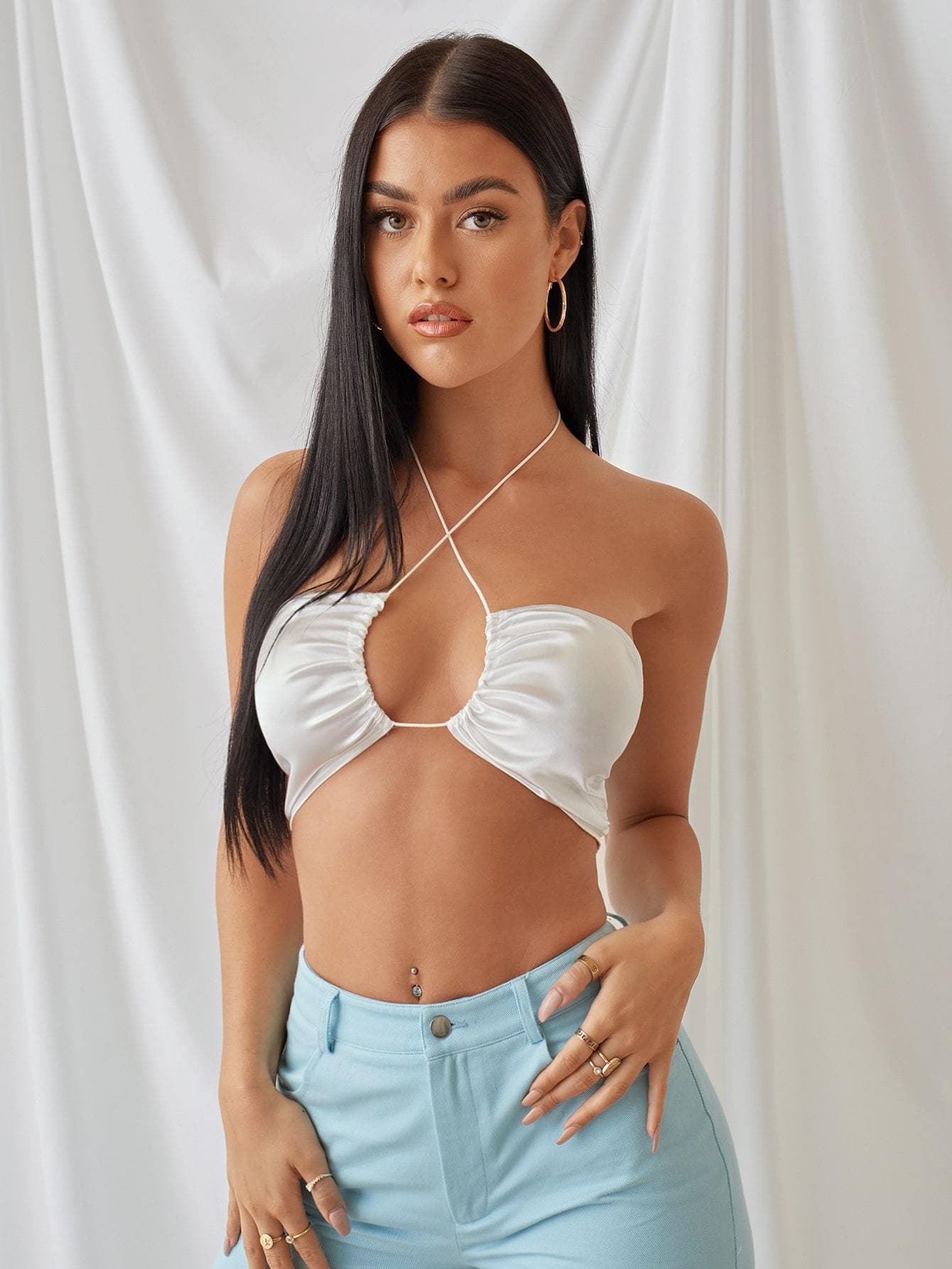 Beige Sleeveless Ruched Crisscross Slim Fit Halter Top