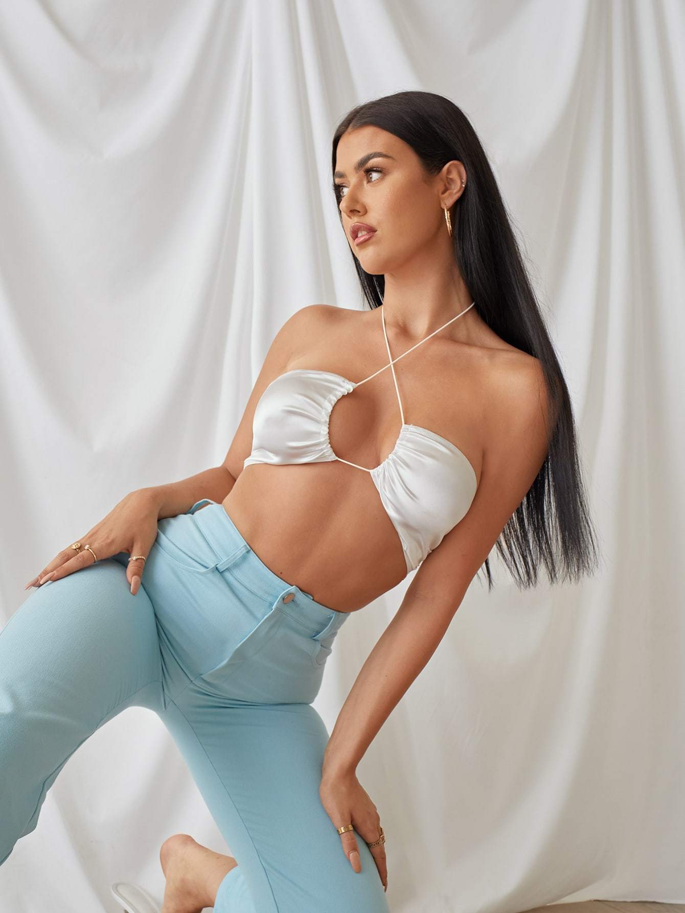 Beige Sleeveless Ruched Crisscross Slim Fit Halter Top