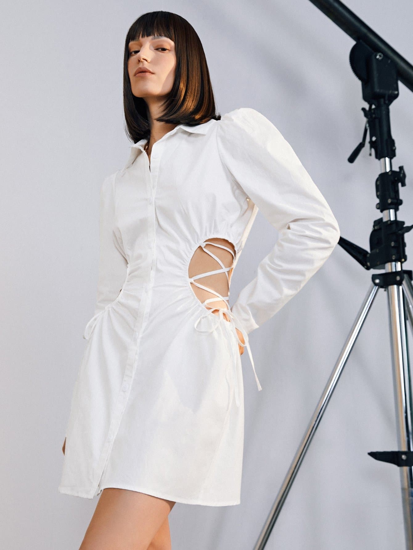 White Button Front Lace Up Side Short Shirt Dress