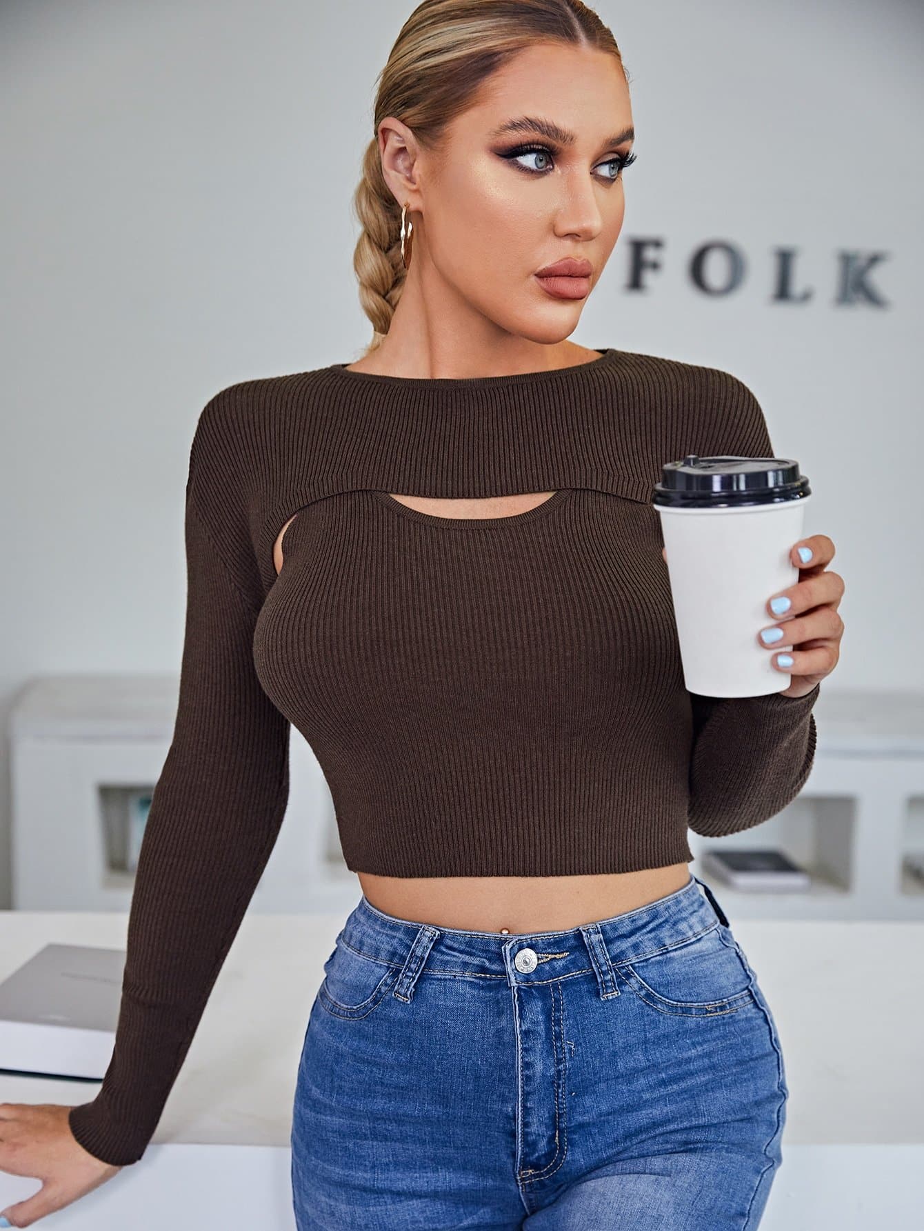 Brown Round Neck Super Crop Jumper Knit Top