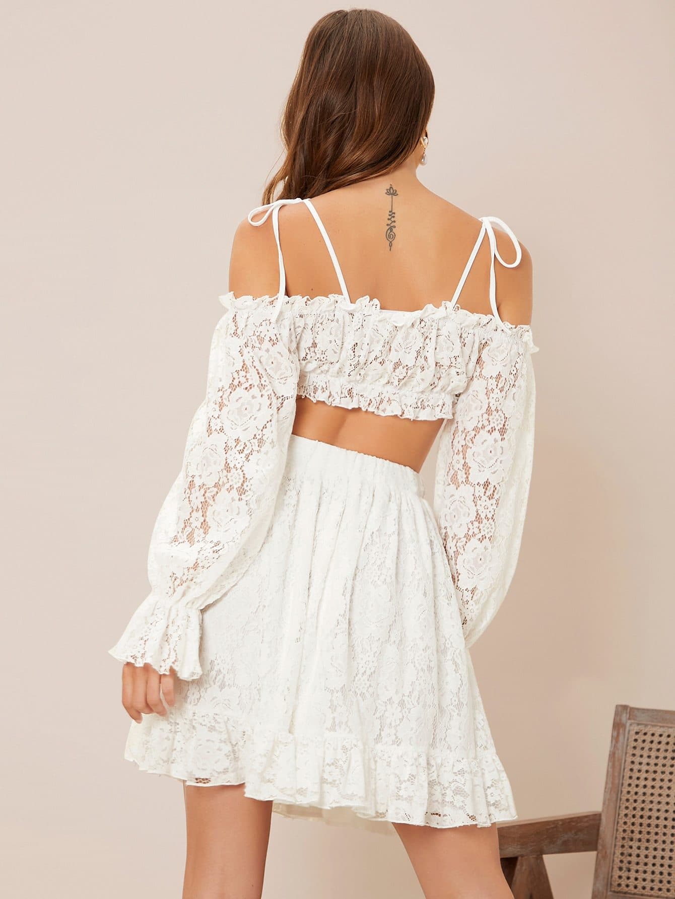 White Knot Cold Shoulder Flounce Sleeve Crop Lace Top and Skirt