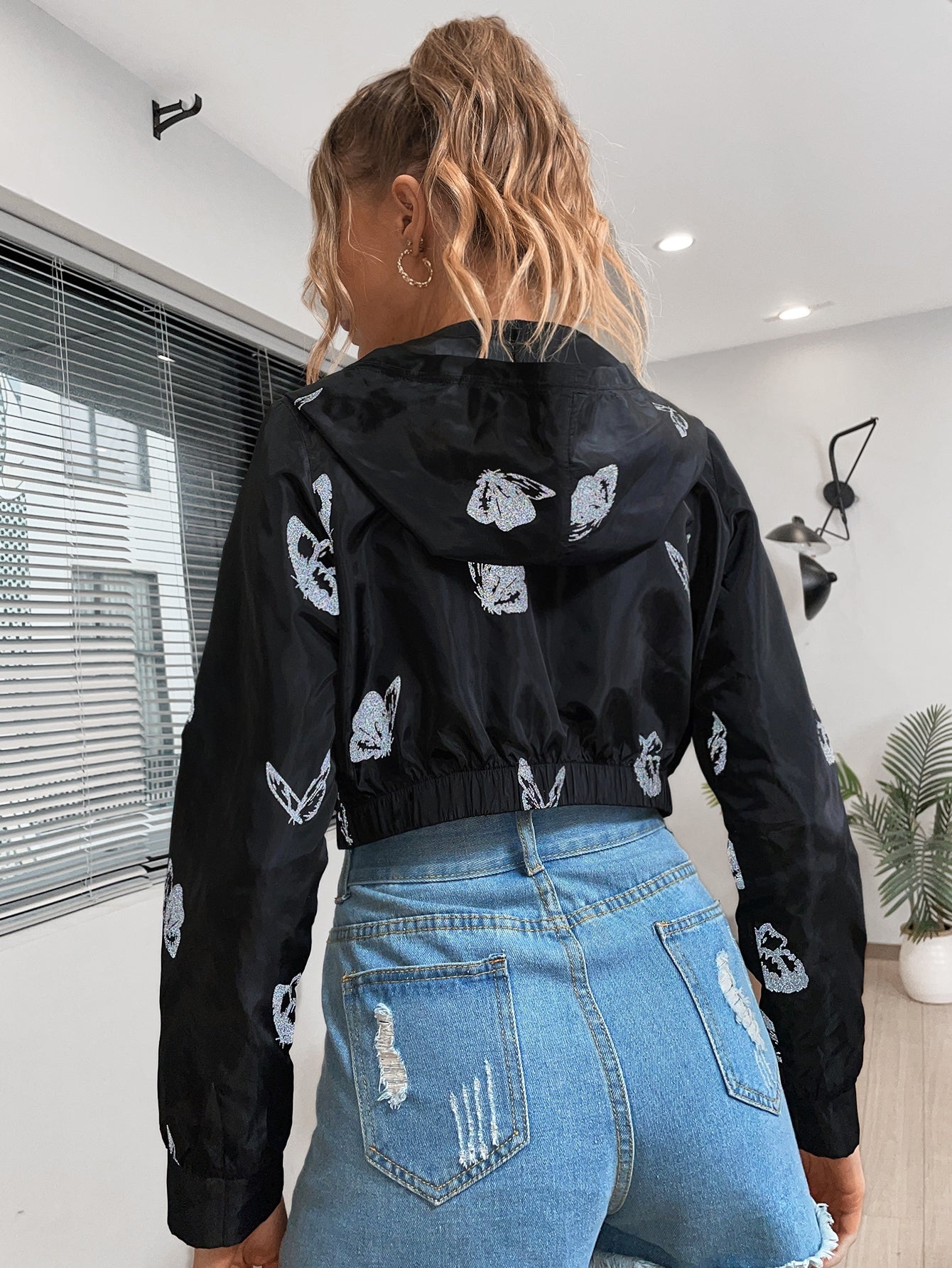Black Butterfly Print Zip Up Windbreaker Hooded Jacket