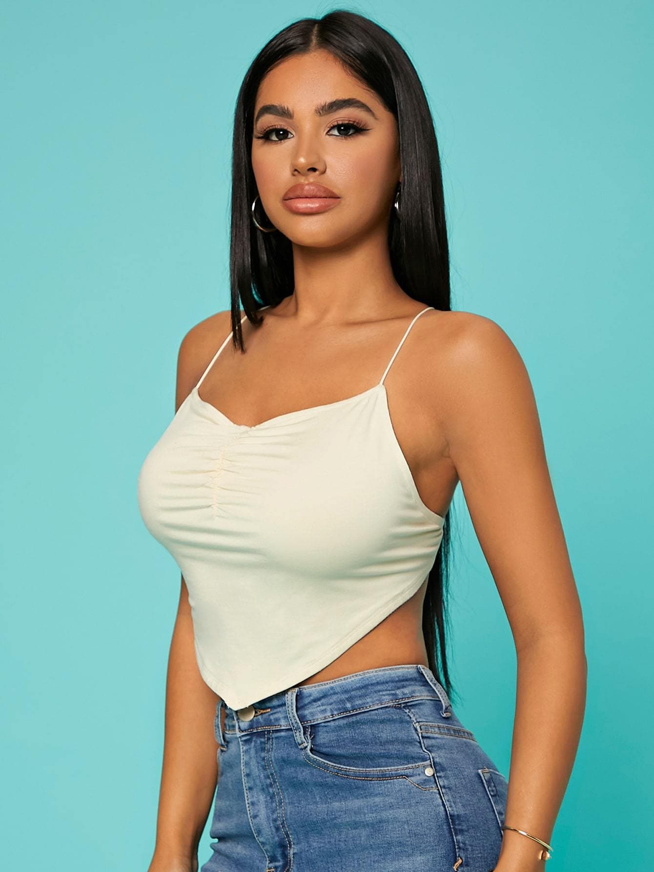 Spaghetti Strap Sleeveless Crisscross Tie Backless Ruched Bust Slim Fit Cami Top
