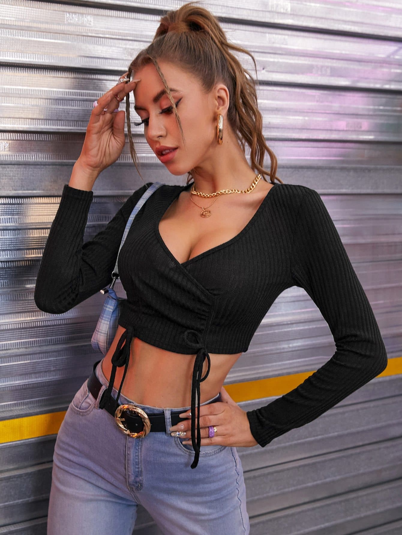 Black Knot Front Wrap Ribbed Knit Slim Fit Top