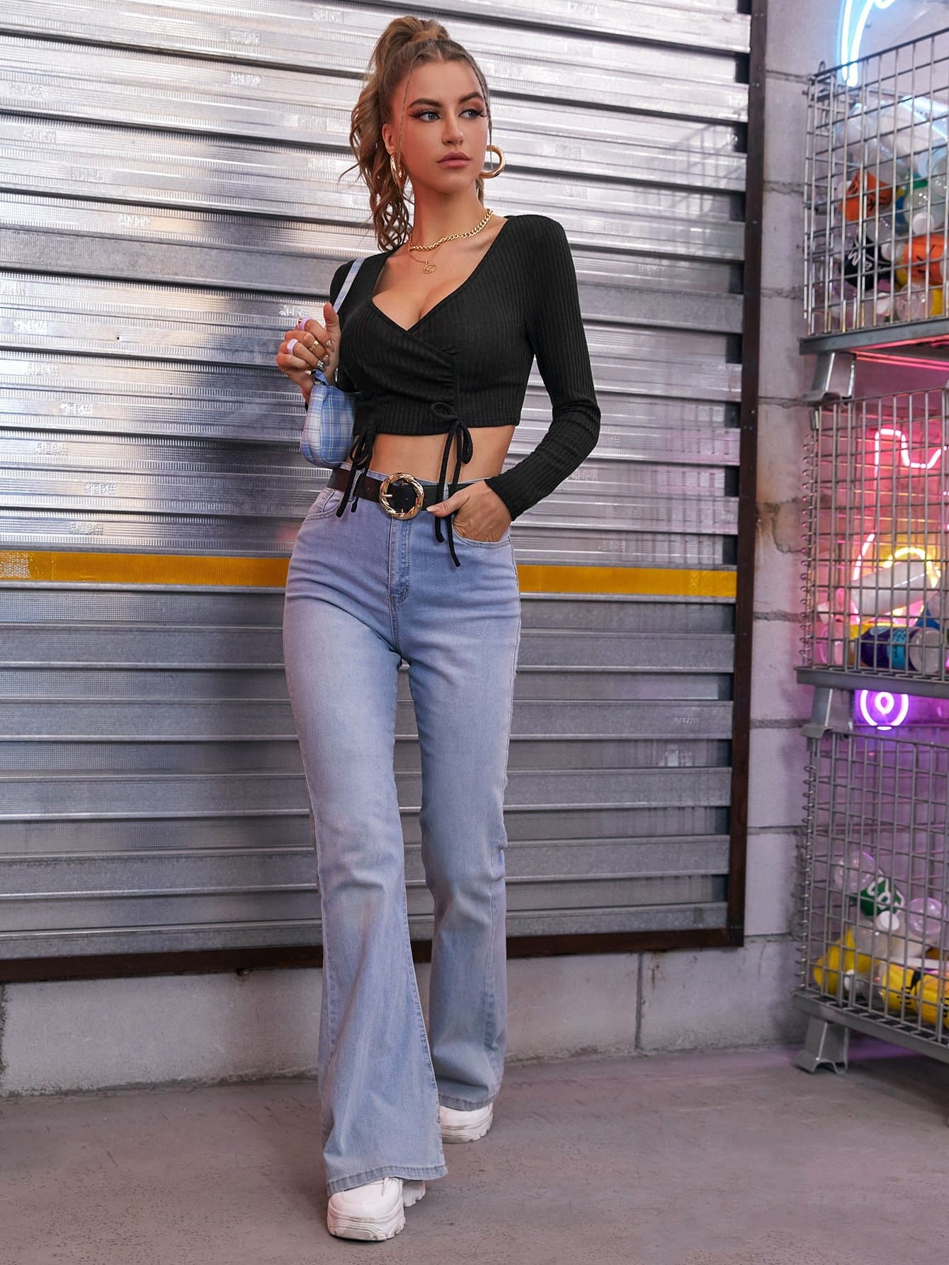 Black Knot Front Wrap Ribbed Knit Slim Fit Top