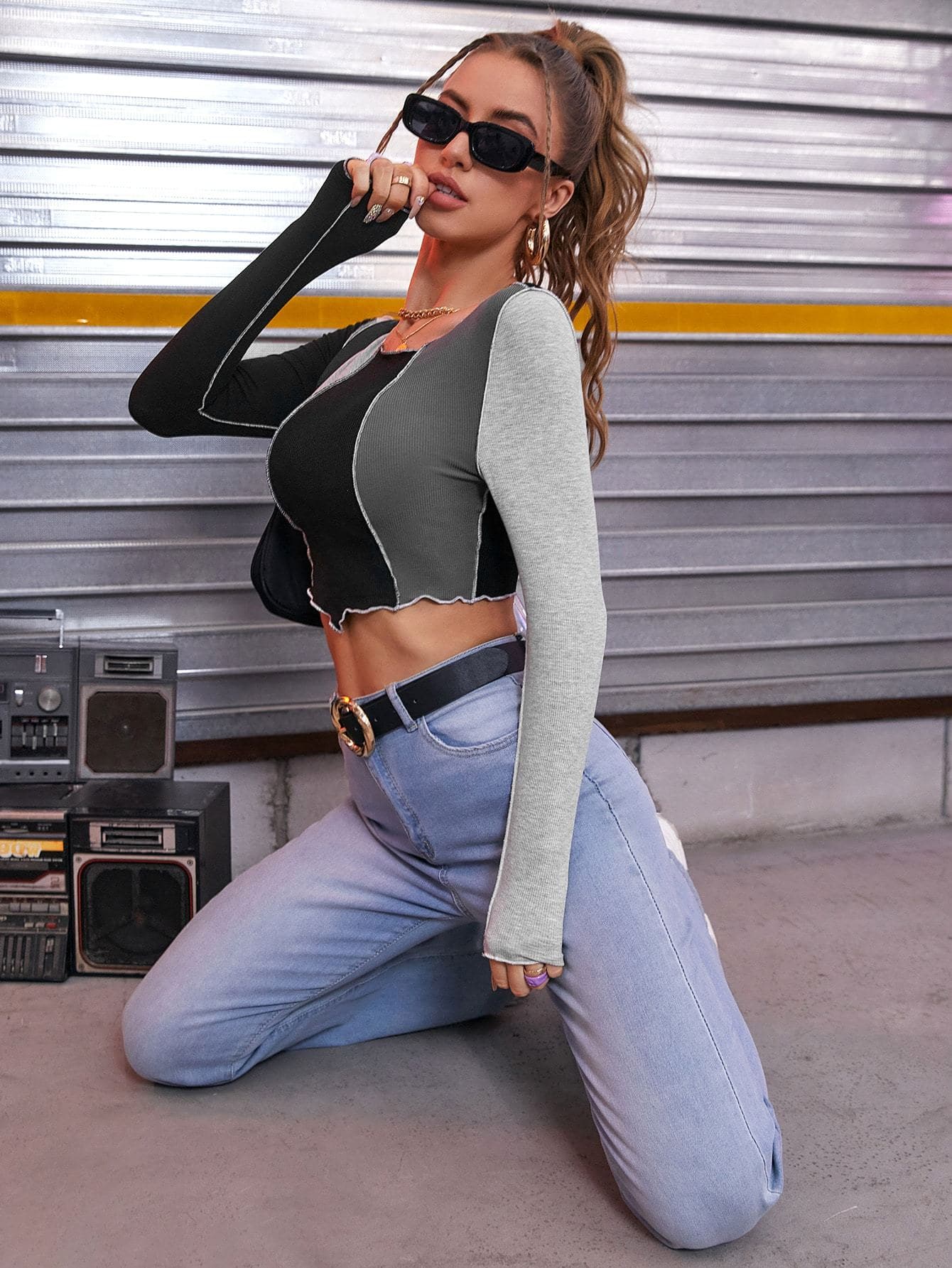 Round Neck Two Tone Crop Seam Asymmetrical Hem Slim Fit Top