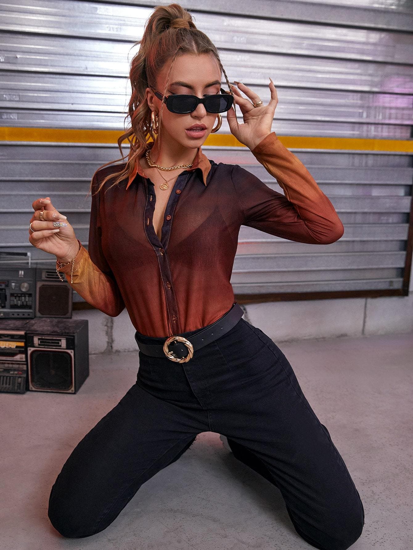 Button From Ombre Semi Sheer Top Shirt