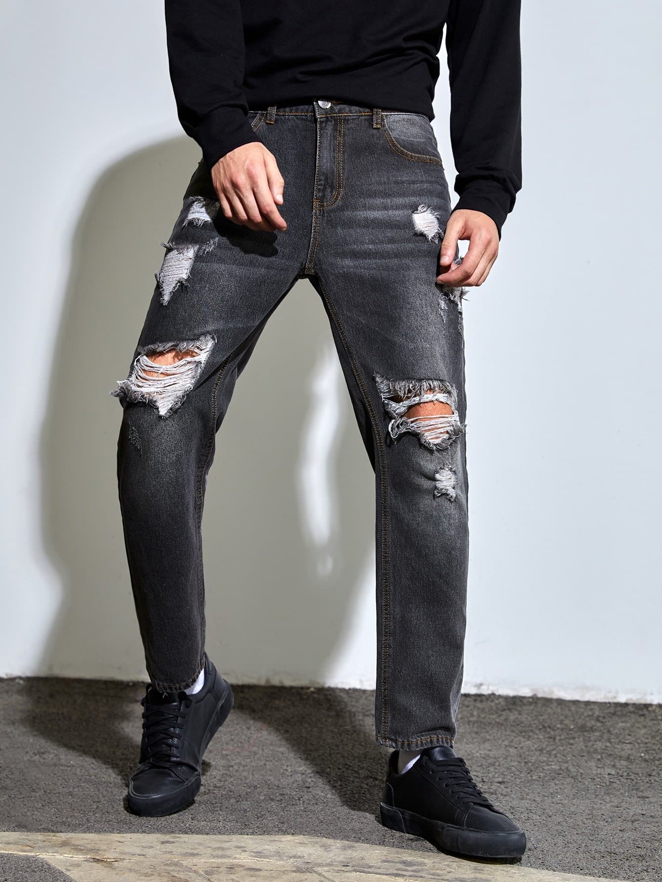 Dark Grey Ripped Frayed Slant Pocket Cat Scratch Jeans