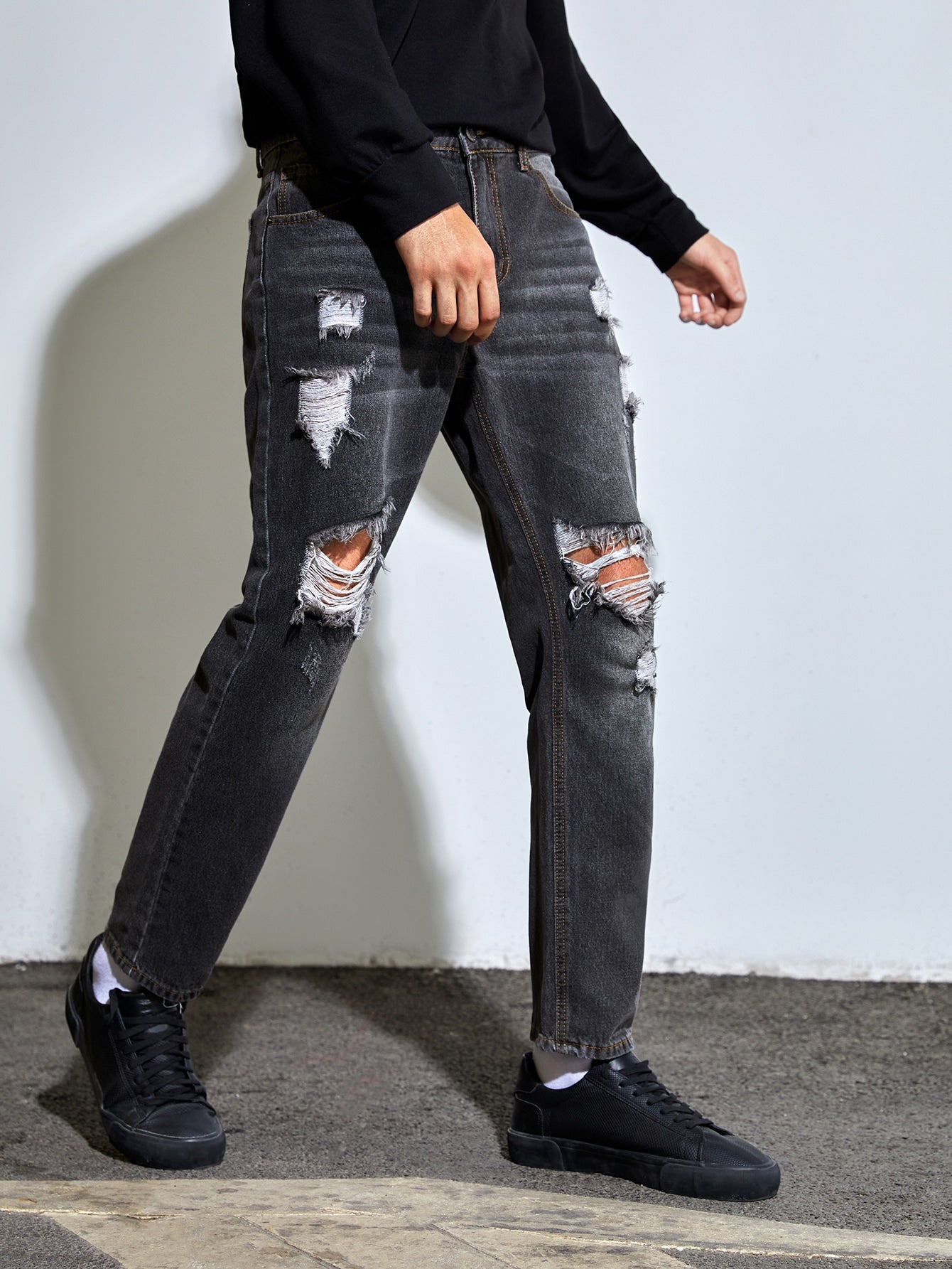 Dark Grey Ripped Frayed Slant Pocket Cat Scratch Jeans