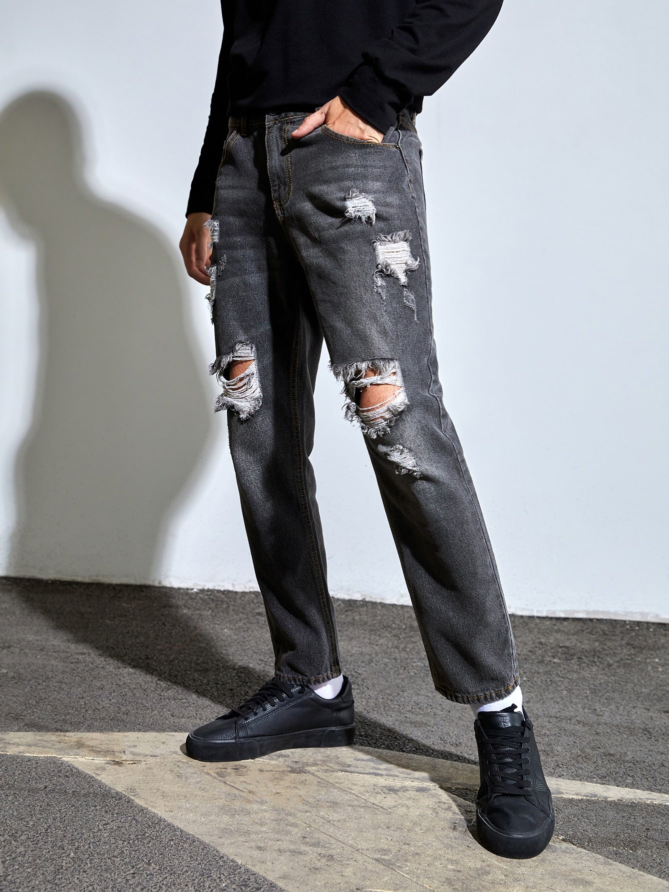 Dark Grey Ripped Frayed Slant Pocket Cat Scratch Jeans