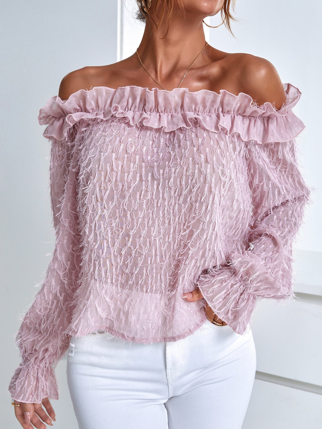 Pink Ruffle Trim Off The Shoulder Blouse Top