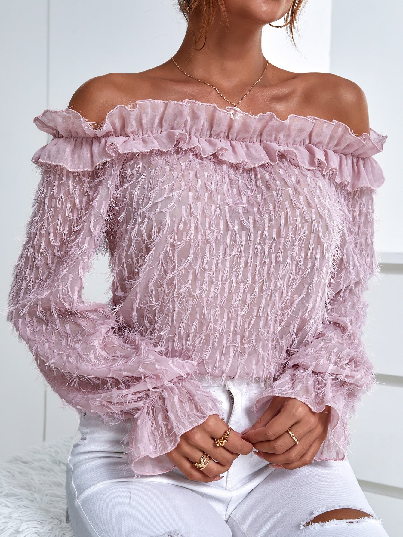 Pink Ruffle Trim Off The Shoulder Blouse Top