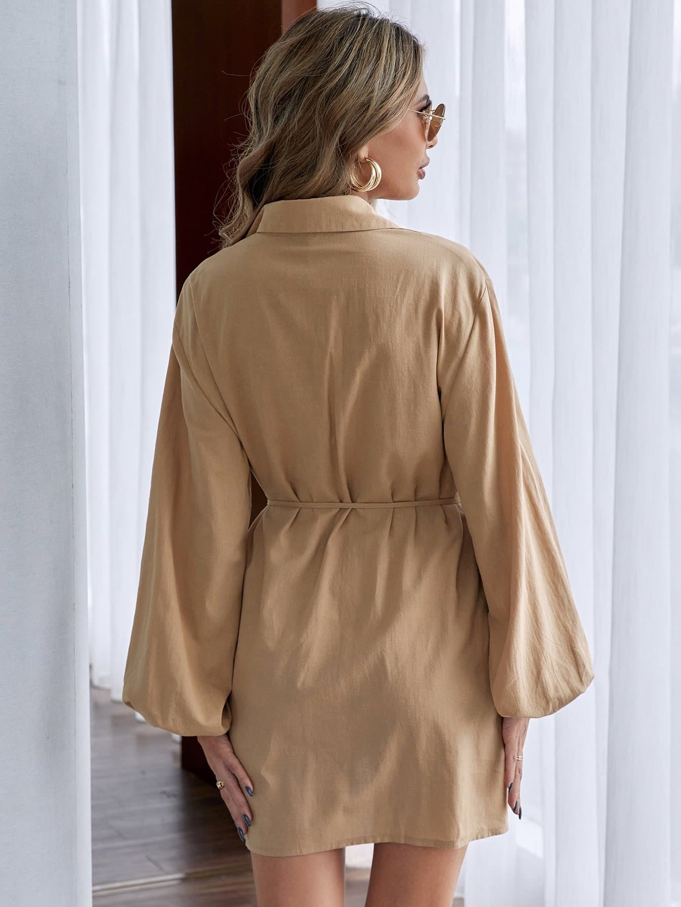 Lantern Sleeve Button Front Belted Shirt Dress