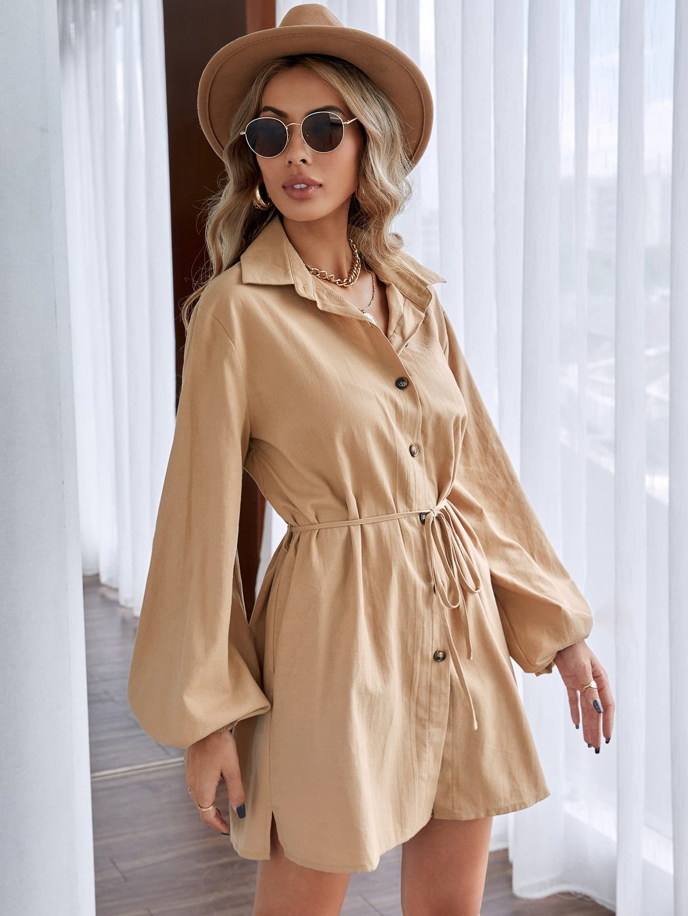 Lantern Sleeve Button Front Belted Shirt Dress