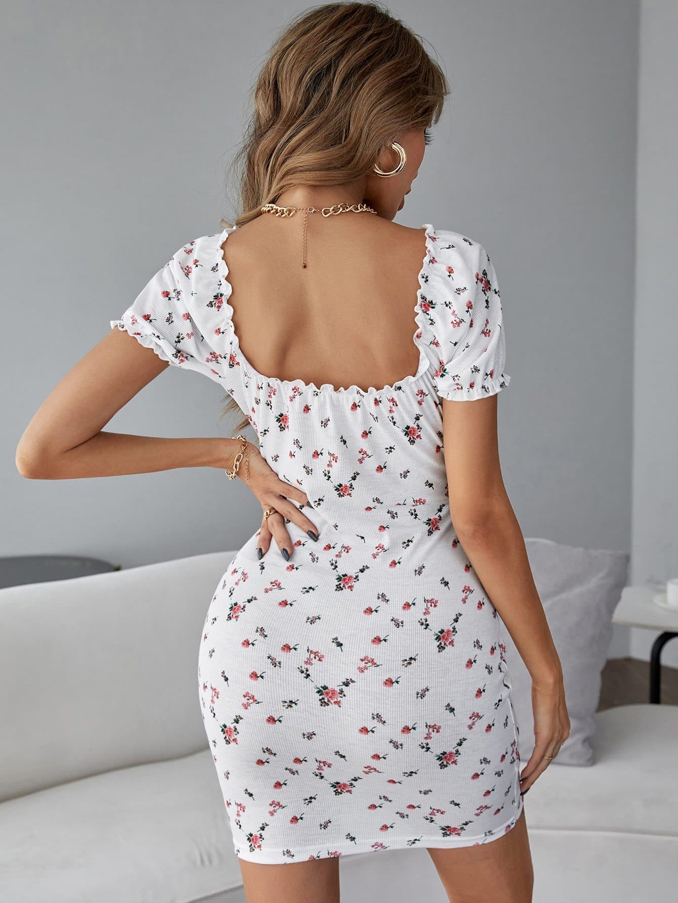 White Ditsy Floral Sweetheart Neck Frill Trim Slim Fit Dress