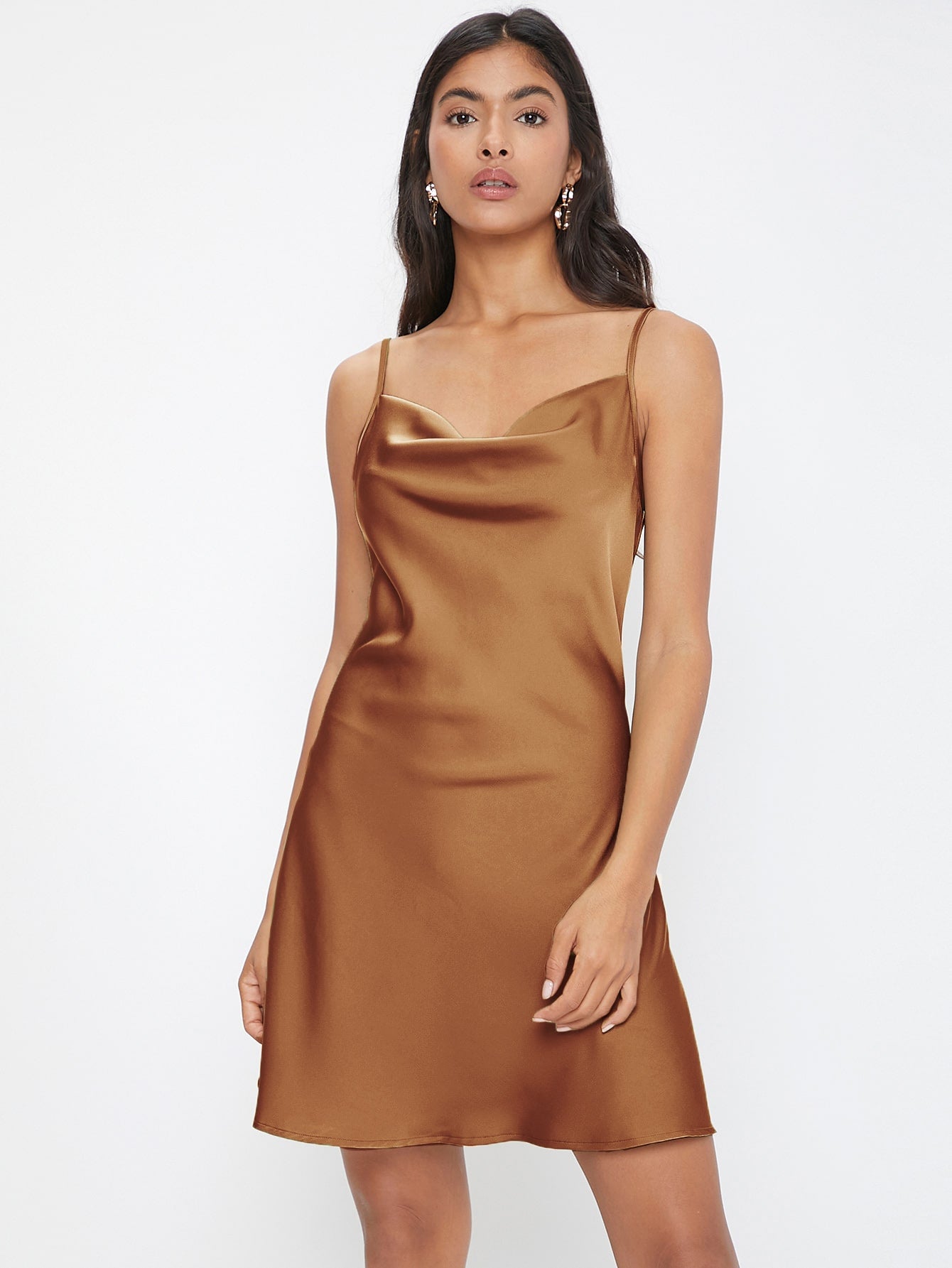 Spaghetti Strap Sleeveless Cowl Neck Solid Cami Dress