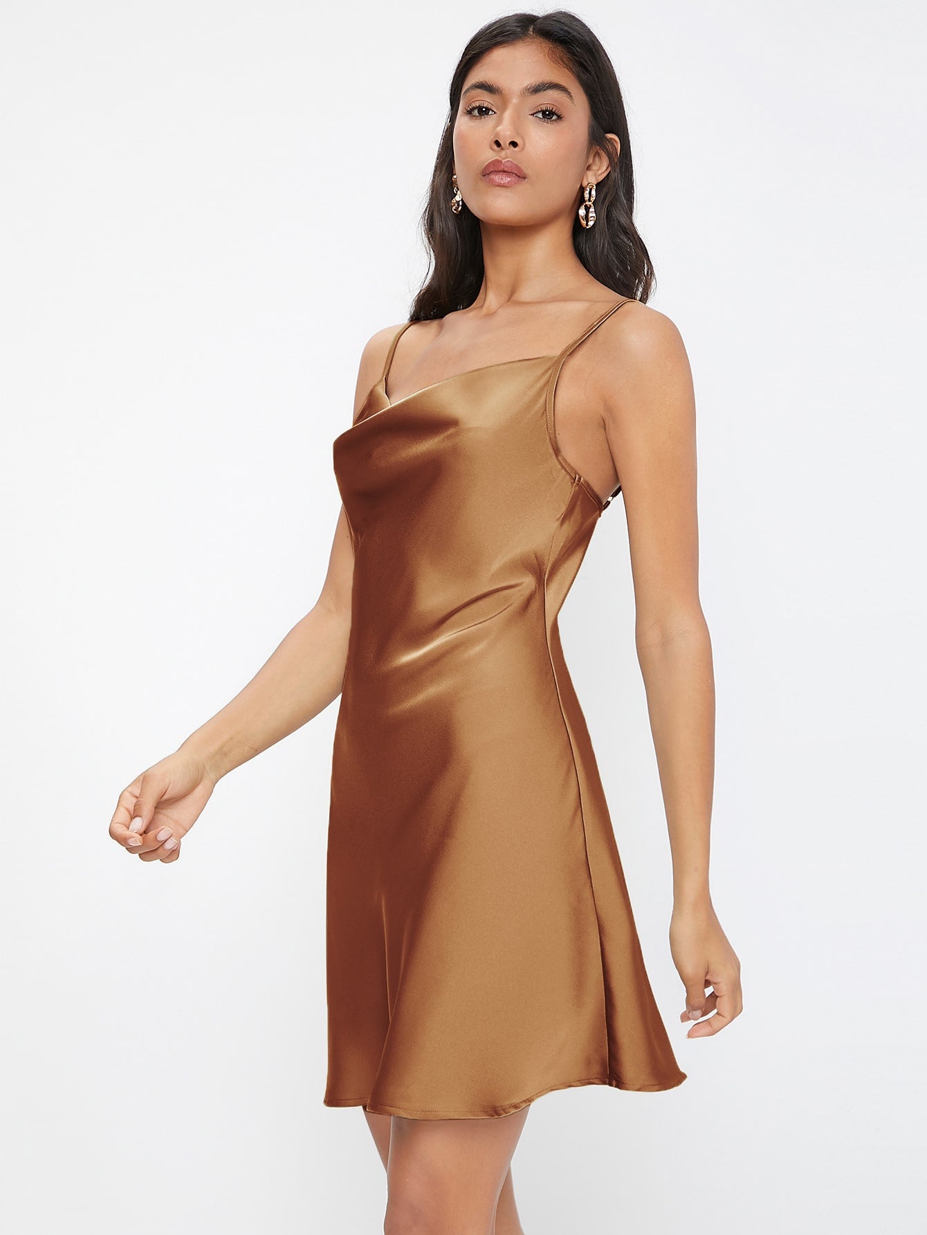 Spaghetti Strap Sleeveless Cowl Neck Solid Cami Dress