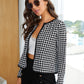 Black White Houndstooth Contrast Binding Open Front Jacket