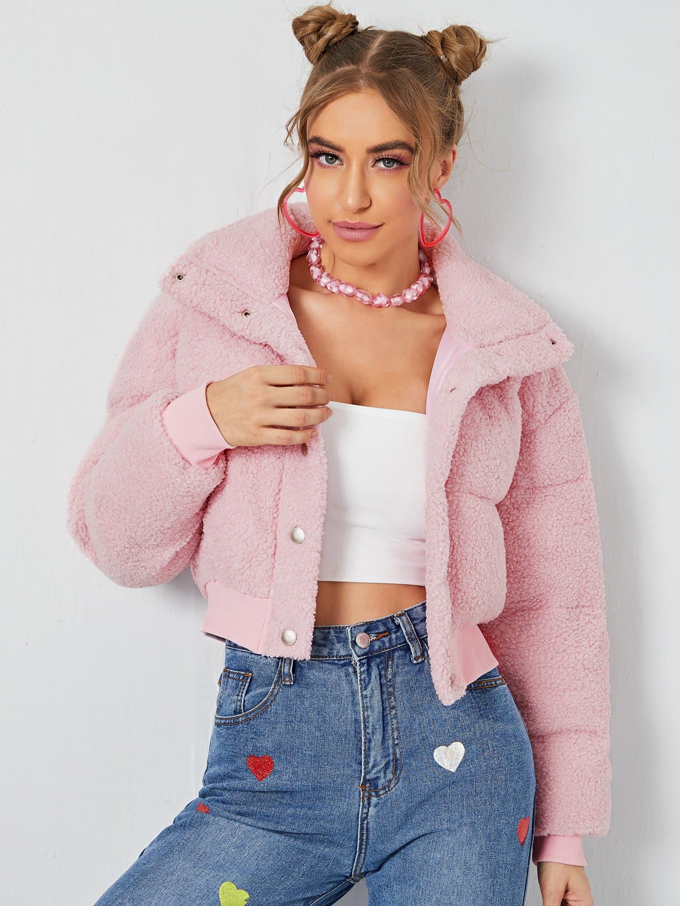 Pink Single Breasted Button Front Drop Shoulder Teddy Winter Coat