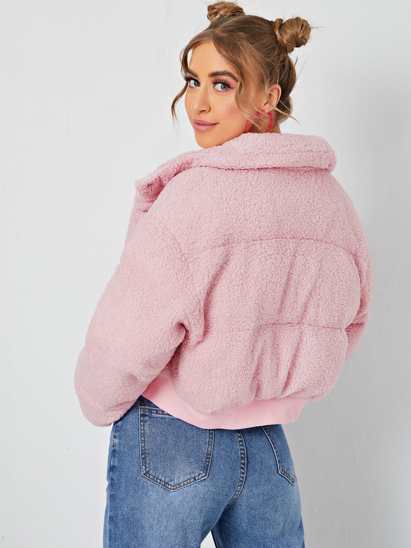 Pink Single Breasted Button Front Drop Shoulder Teddy Winter Coat