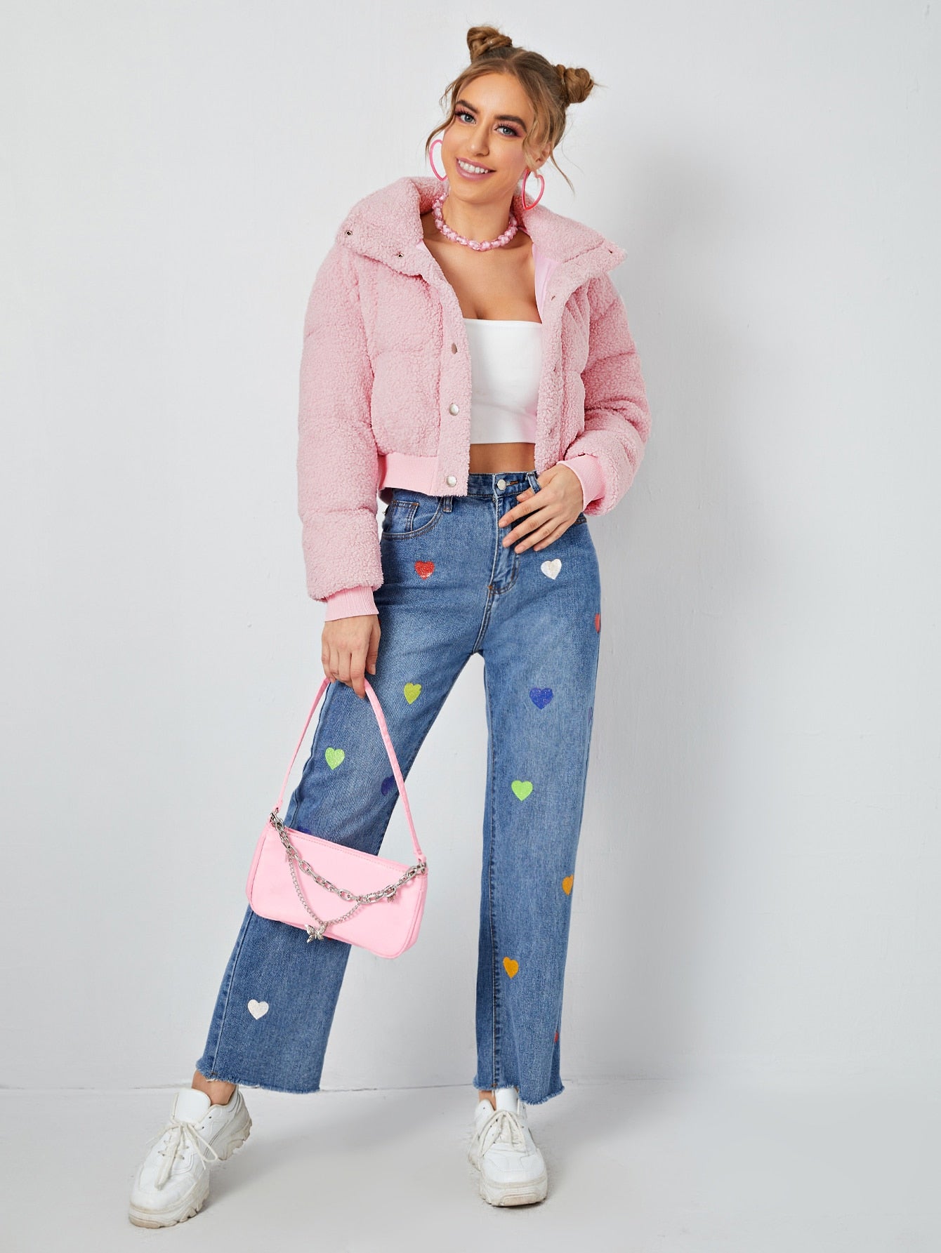 Pink Single Breasted Button Front Drop Shoulder Teddy Winter Coat