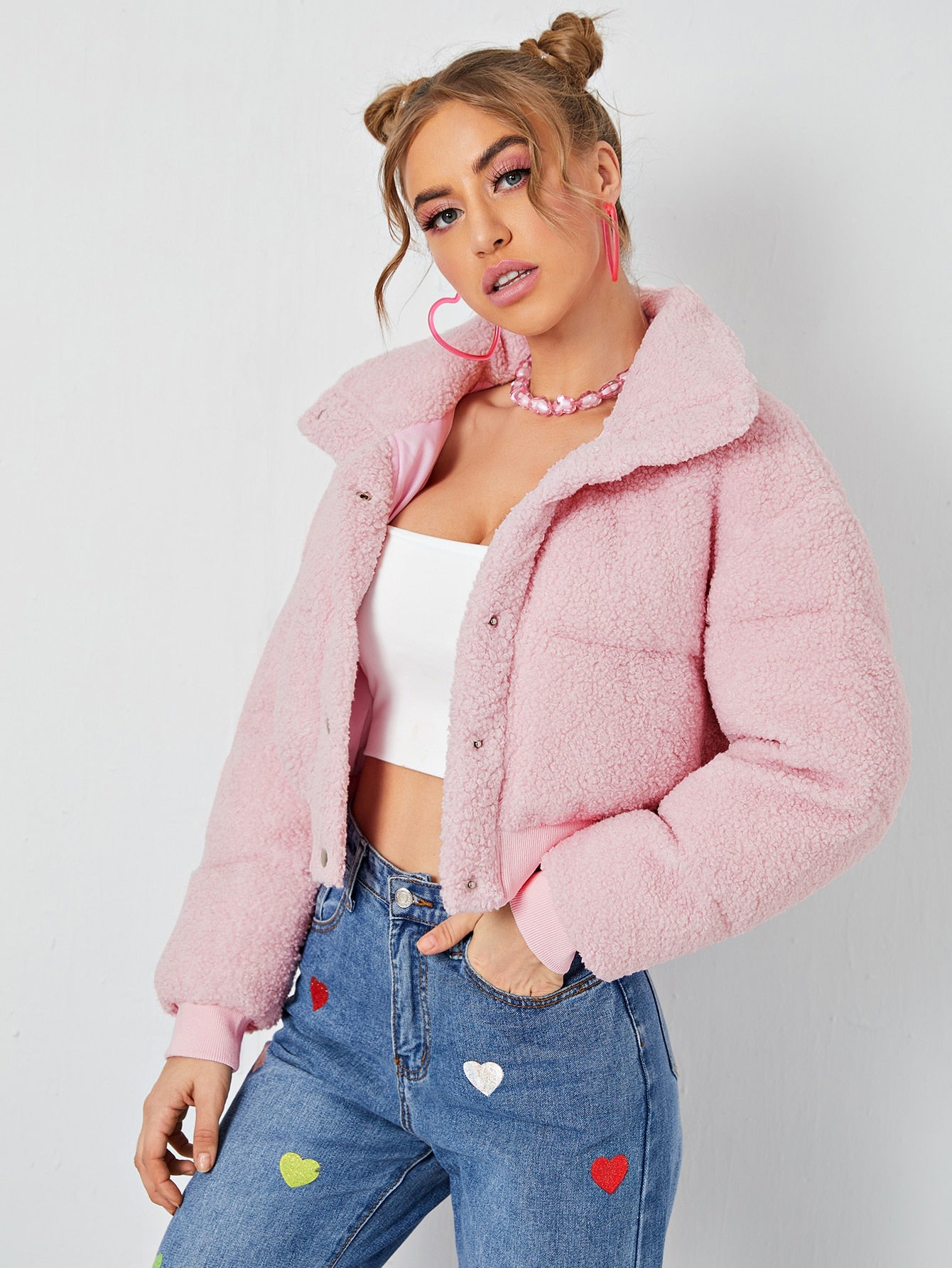 Pink Single Breasted Button Front Drop Shoulder Teddy Winter Coat